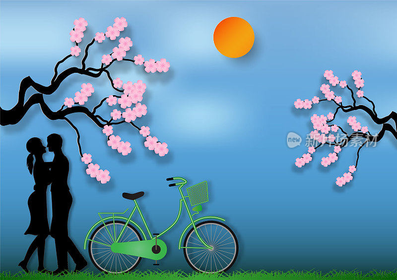 Paper art style of man and woman in love with bicycle and cherry blossom on blue background. vector illustration
